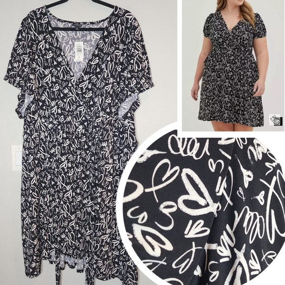 NWT Torrid Hearts Print Mini Studio Knit Surplice Dress Black White 6X Pockets - Picture 1 of 16